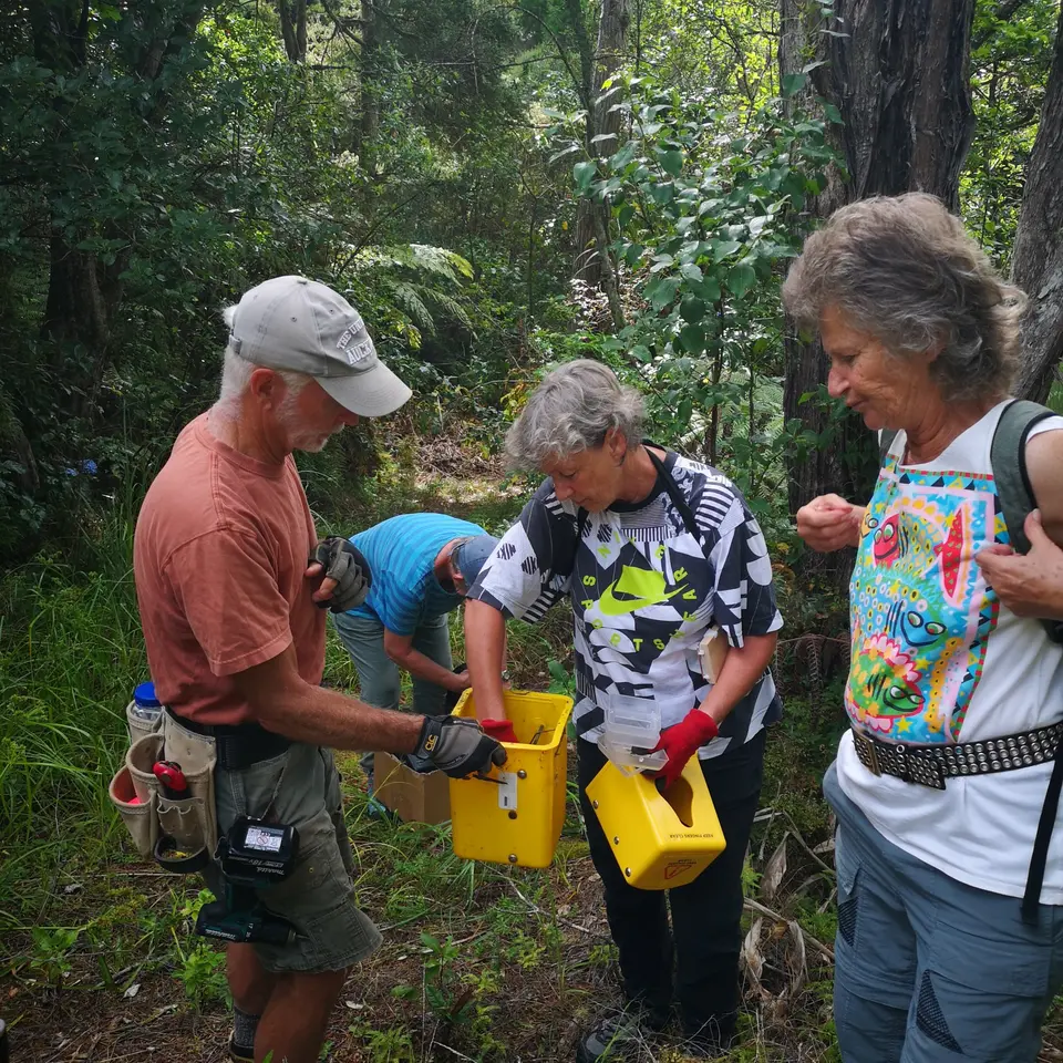 Volunteers learning to check a trap